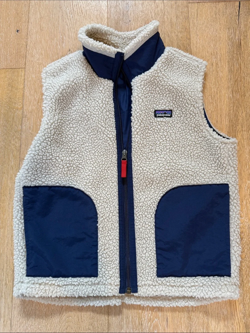 Patagonia Kids Cream Sherpa Vest with Navy Pockets and Trim